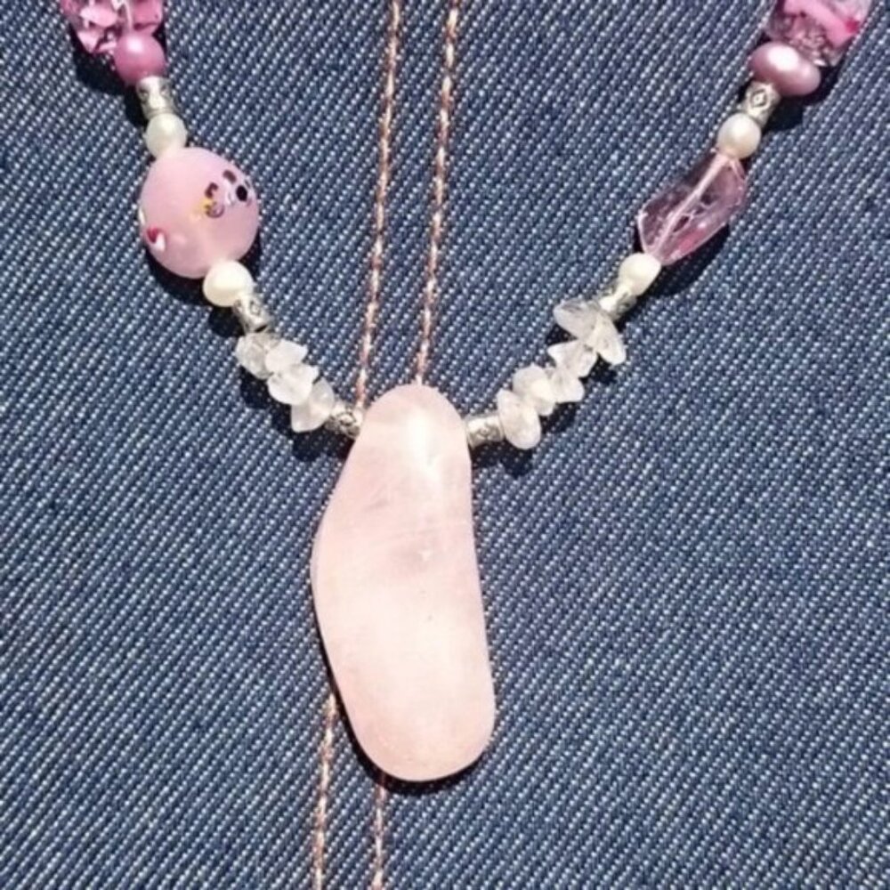 Hand Crafted Genuine Rose Quartz Freshwater Pearls Necklace Earring Set Boho - Picture 7 of 7